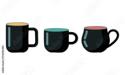 Matte Black Coffee Mug Set – Three Minimal Vector Mugs in a Row, Mug template set, easily editable. 