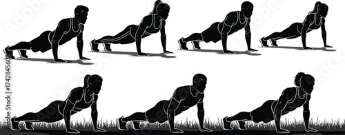 Silhouettes of men and women doing push ups in two different settings exercise fitness