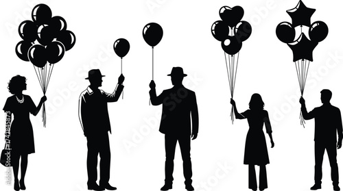 Silhouettes of people holding bunches of black balloons in various shapes woman