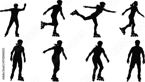 Silhouettes of people rollerblading in various poses and actions roller skates