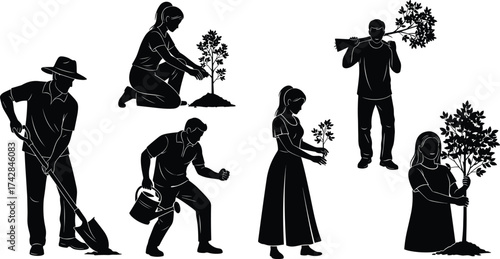 Silhouettes of people planting trees and gardening with tools vector
