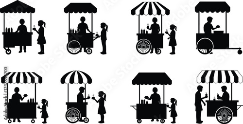 Silhouettes of people buying food from street vendor carts street food stall