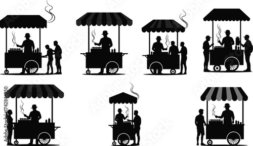 Silhouette food cart vendor cooking skewers for customers street food vector