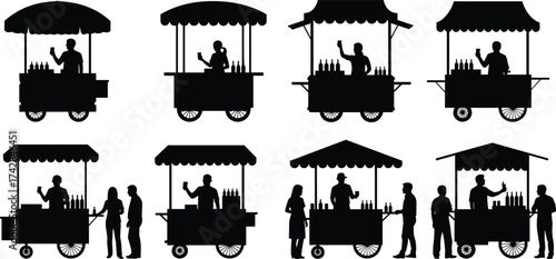 Black silhouettes of people at market stalls selling drinks cart vendor