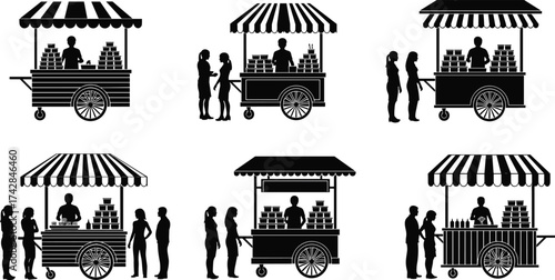 Black silhouette food carts with vendors and customers in queues street food