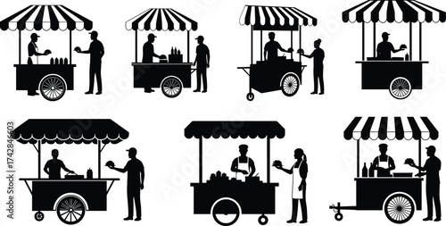 Black silhouettes of people buying food from mobile street carts food cart street food