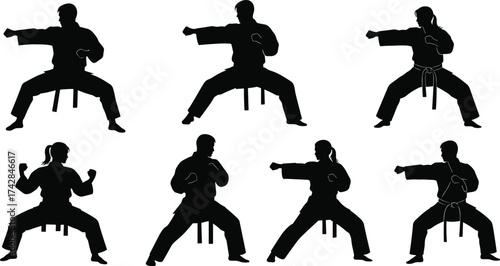 Black silhouettes of men and women practicing martial arts karate poses white