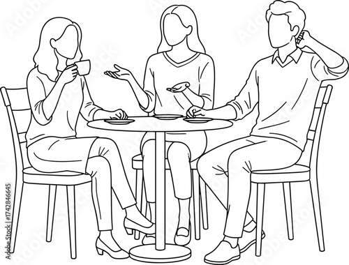 Three people sitting at a round table with coffee cups and saucers group