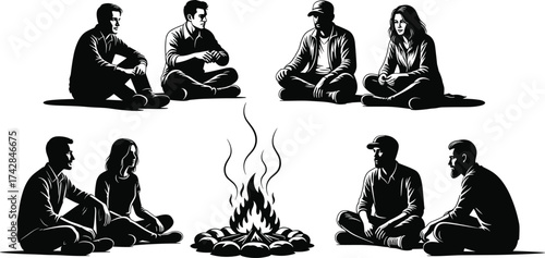 Black and white illustration of people sitting around a campfire vector