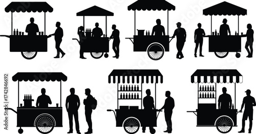 Six black silhouette street food carts with people interacting vendor customer