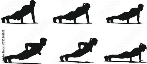 Black silhouettes of men and women doing push ups on white background exercise fitness