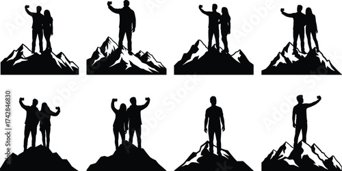 Silhouettes of people taking selfies on mountain peaks in black and white summit