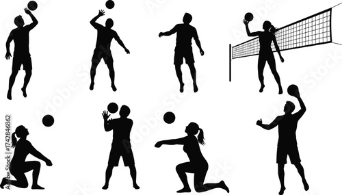 Black silhouettes of volleyball players in action with a net and balls sport game