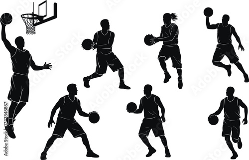 Black silhouette basketball players in various action poses with hoop white background