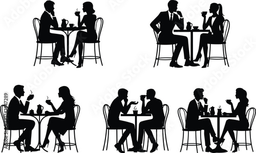 Silhouettes of couples and individuals enjoying coffee at tables woman