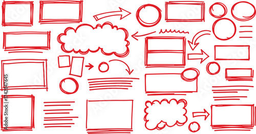 Red Hand Drawn Rectangles Circles Arrows Speech Bubbles and Lines sketch doodle