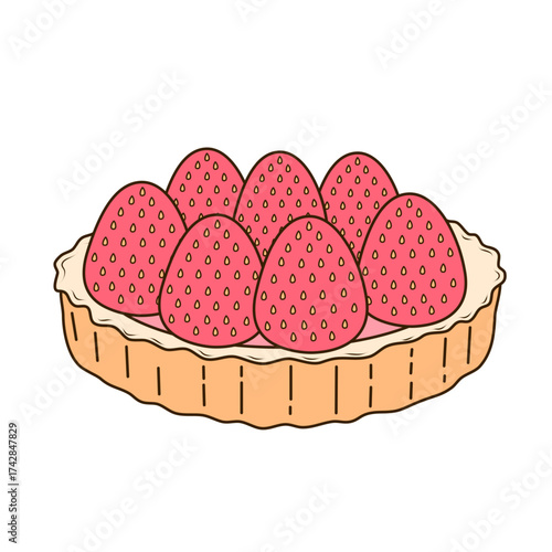 Shortcrust pastry tartlet with whipped cream, decorated with strawberries. Vector illustration in flat, cartoon style. Tasty and sweet tartlet with raspberries, isolated on white background