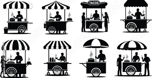 Black silhouettes of food carts with vendors and customers serving food street food