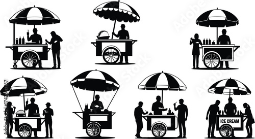 Black and white silhouettes of food carts with vendors and customers street food