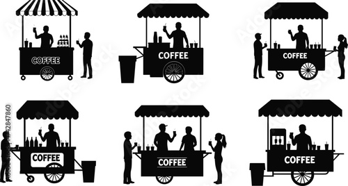 Six Silhouette Coffee Carts with Baristas and Customers Black and White vector