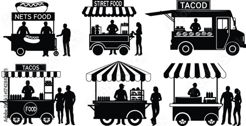Six black silhouette food stalls and trucks with people buying food cart food truck
