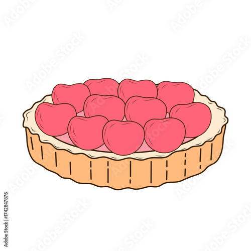 Shortcrust pastry tartlet with whipped cream, decorated with cherries. Vector illustration in flat, cartoon style. Tasty and sweet tartlet with raspberries, isolated on white background. Confectionery