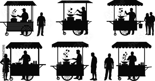 Silhouettes of street food vendors cooking and customers waiting at carts vector