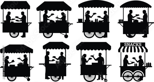 Silhouettes of people at food carts serving and receiving food items street food vendor