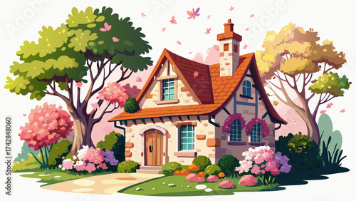 Picturesque French cottage with ivy-covered walls and blooming cherry blossoms, watercolor-inspired vector art, soft spring atmosphere, white background simplicity, perfect for greeting designs.
