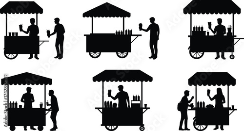 Silhouettes of people buying and selling from food carts and stalls food stall vendor