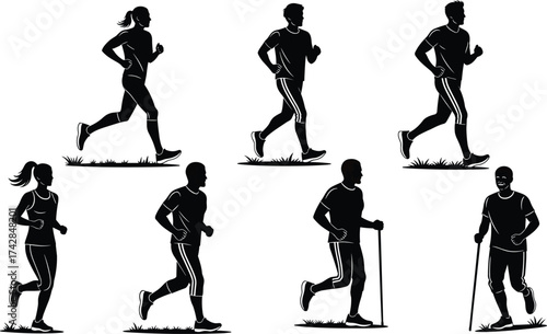Black vector silhouettes of people in sport and fitness action poses like runner, dancer, jumper, and those playing football or tennis