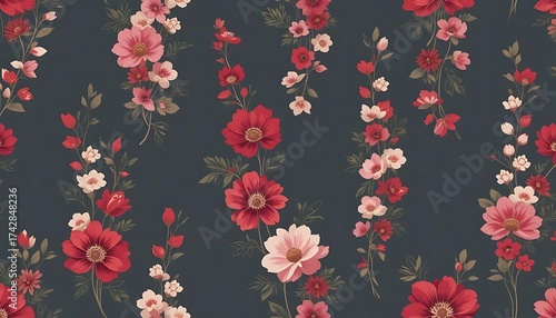 Dark Floral Pattern with Red and Pink Flowers.