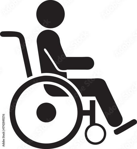 Simple black icon of a person in a wheelchair for accessibility and inclusivity