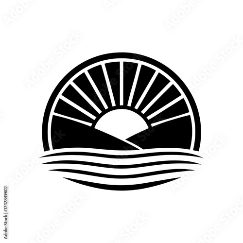 Illustration of sun rising over hills water silhouette