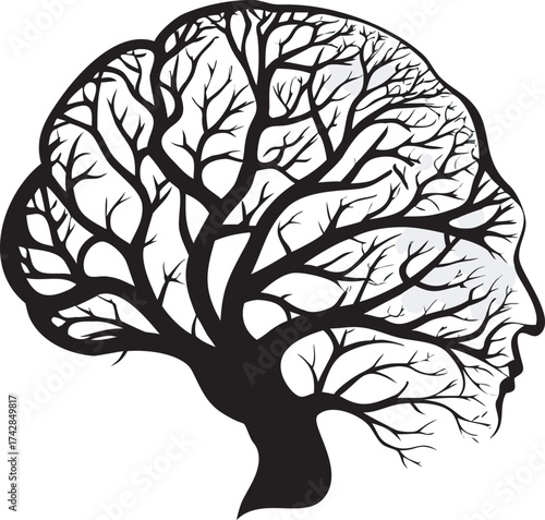 Abstract human head silhouette merged with tree branches symbolizing growth and thought