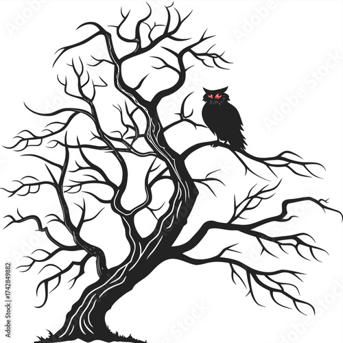 Black silhouette of a bare tree with an owl perched on a branch with glowing red eyes branches