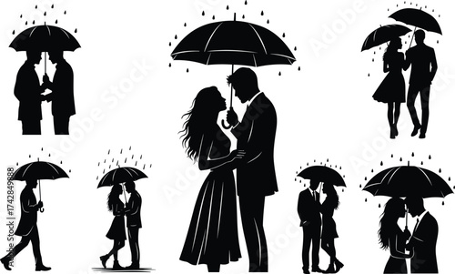 Red silhouette illustration of a couple walking with an umbrella in the rain