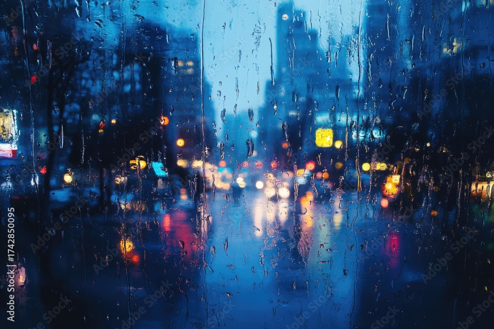 Fototapeta premium A blurred cityscape view through a rainy window at night, showcasing colorful bokeh lights and the atmospheric beauty of a wet urban scene.