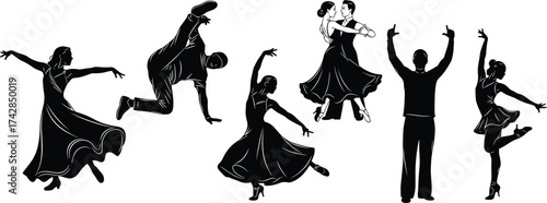Vector illustration of a fashionable woman silhouette dancing in a retro black dress