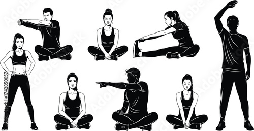 A beautiful set of yoga poses silhouettes of a woman sitting in the lotus position meditating, illustrating relaxation, health, and fitness