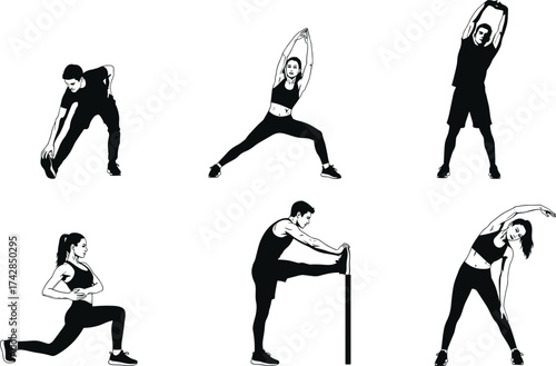 Young woman's silhouette in a swimsuit with vector illustration of people in sport fitness and dance poses