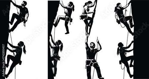 Black vector silhouettes of people dancing and sport activities for design and illustration