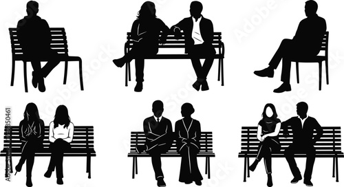 Vector outline illustration of business people and couple silhouettes sitting at a table in a cafe, bar, or restaurant with a computer and drinks