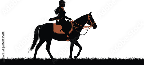 Equestrian woman riding a horse in silhouette showing the dressage sport