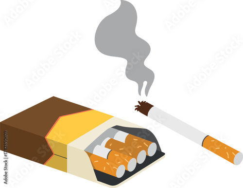 Vector art of open pack of cigarettes with a smoking cigarette