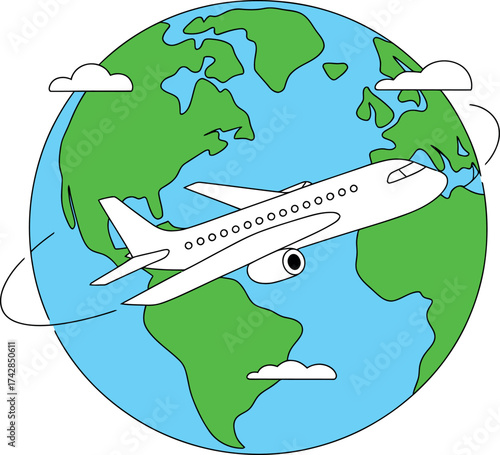 Vector art of airplane flying around the world, symbolizing global travel and international tourism