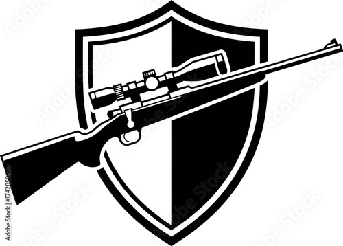 Vector art of rifle with scope on shield, representing hunting, sport shooting, and firearm safety
