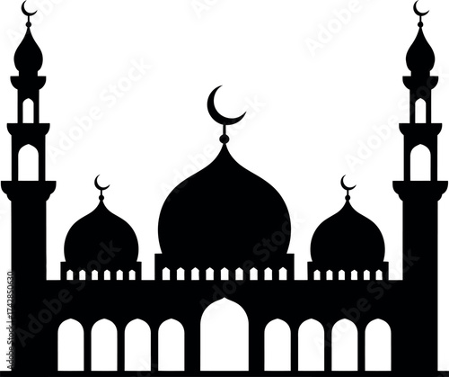 Vector art of silhouette of mosque with domes and minarets, representing islamic architecture and religious symbol