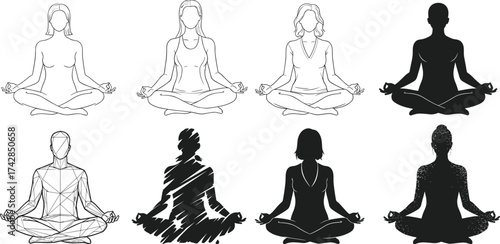 Yoga Poses Silhouette Vector Illustration for Meditation and Fitness
