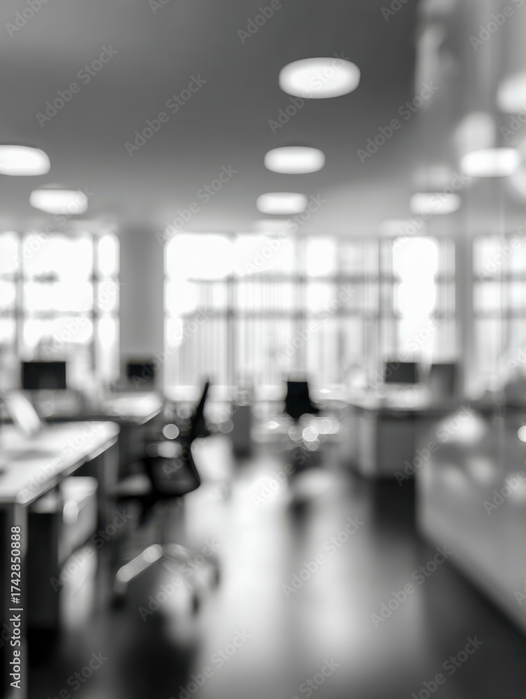 Fototapeta premium Blurred view of a modern open office space with desks, chairs, and computers illuminated by bright ceiling lights and natural daylight through large windows